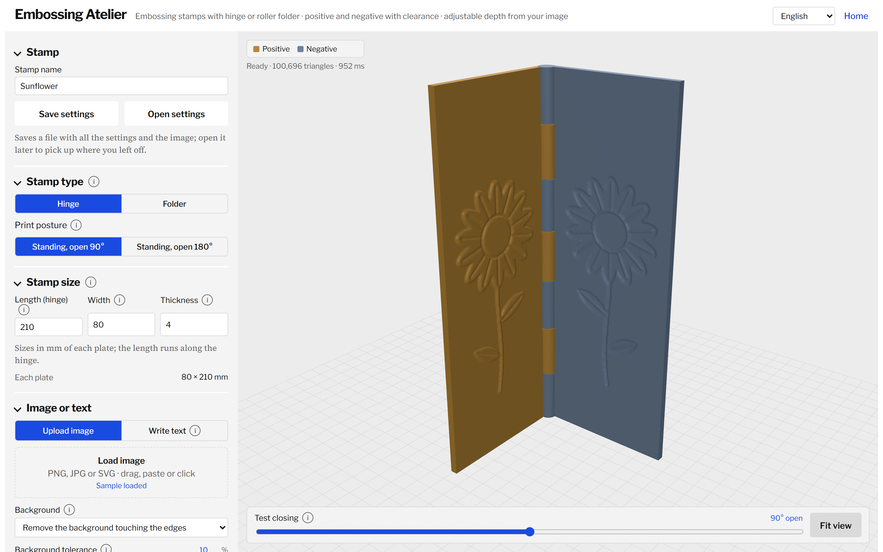 The Embossing Atelier workshop: settings panel and a 3D preview of a hinged stamp